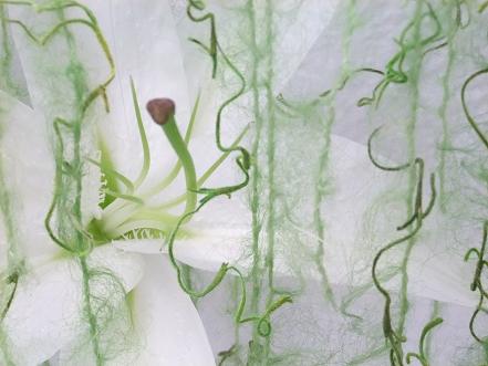 A veil of green wool rains over the design. A veil of green wool rains over the design.