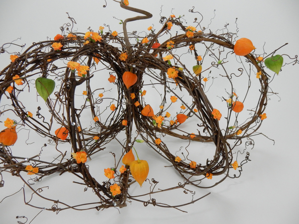 Kalanchoe and Physalis on a tendril wreath pumpkin