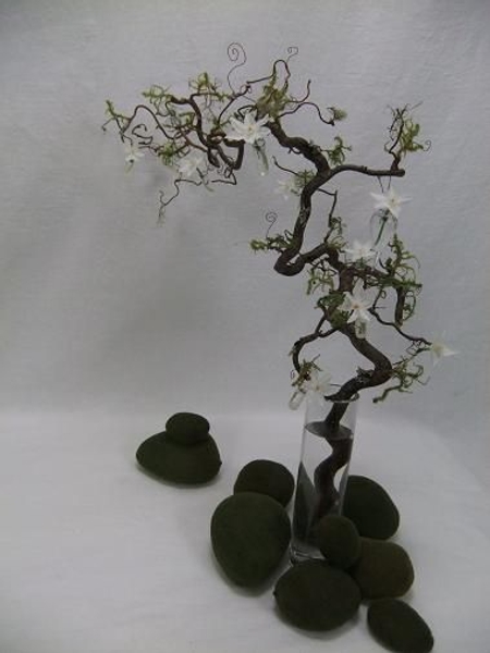 Floral Art design Hazel twig with Lichen, moss and paper whites Floral Art design Hazel twig with Lichen, moss and paper whites