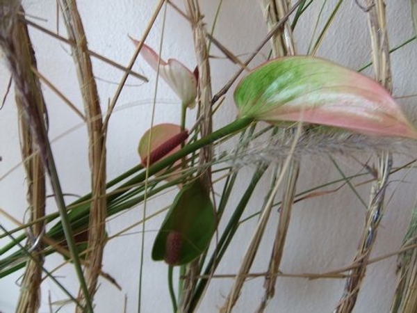 Inventive Floral Art mechanics made of wire and grass coils. Inventive Floral Art mechanics made of wire and grass coils.