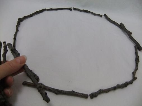 Place the biggest twigs in a large circle. Place the biggest twigs in a large circle.