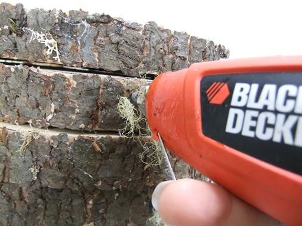 Stack the paper logs and glue on bits of lichen. Stack the paper logs and glue on bits of lichen.