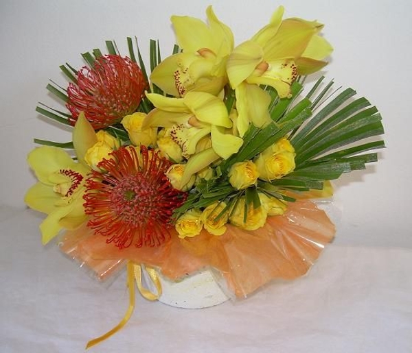 Cymbidium orchid arrangement in a Papier Mache container Cymbidium orchid arrangement in a Papier Mache container