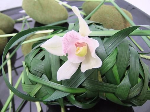 Weave a grass pebble for the orchid to nestle in. Weave a grass pebble for the orchid to nestle in.