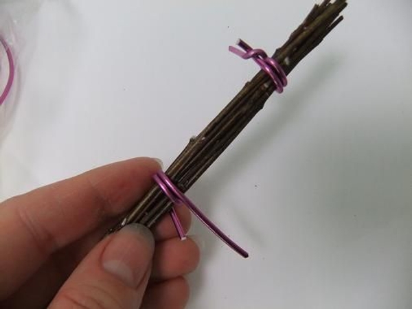 Wrap the wire around the twigs to create a second band. Wrap the wire around the twigs to create a second band.
