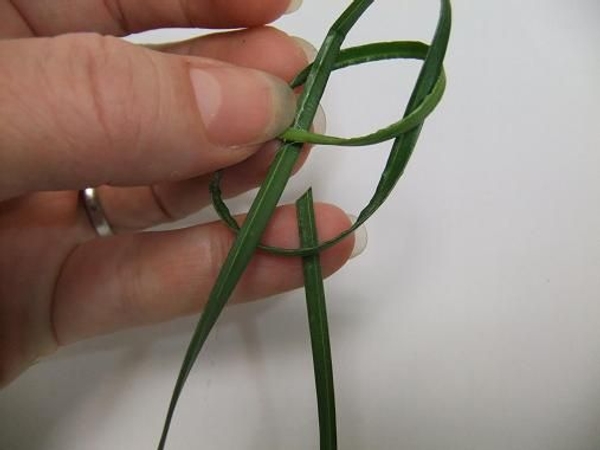 Bend the blade of flax and weave it under the outside loop of the knot Bend the blade of flax and weave it under the outside loop of the knot