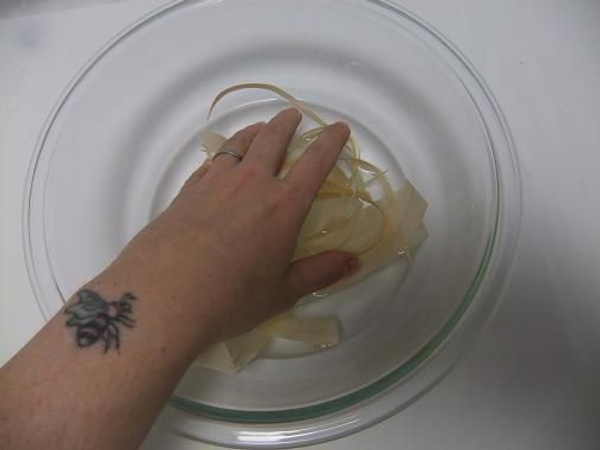 Soak strips of Kyogi paper in warm water. Soak strips of Kyogi paper in warm water.
