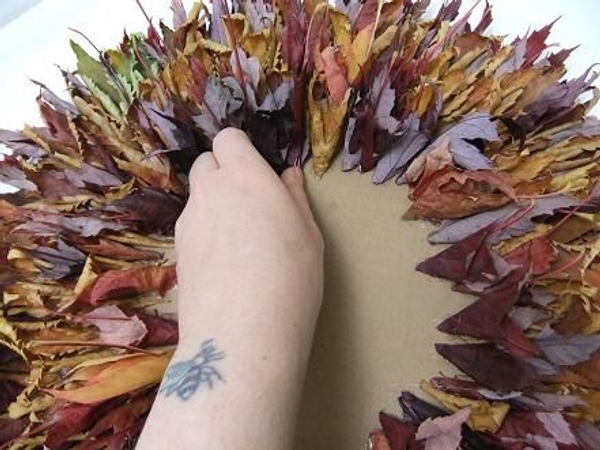 Glue the leaves to the cardboard. Glue the leaves to the cardboard.