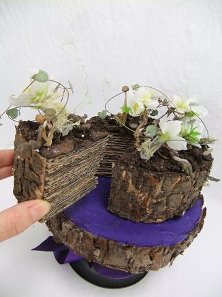 Cardboard and bark floral craft cake
