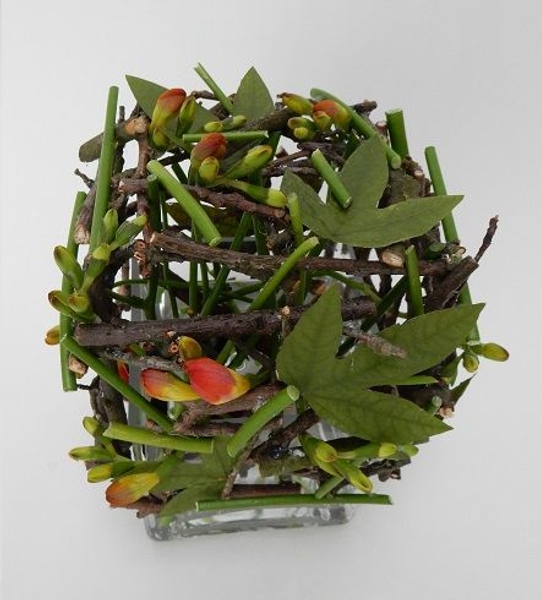 Freesia buds and twigs over a cube vase Freesia buds and twigs over a cube vase