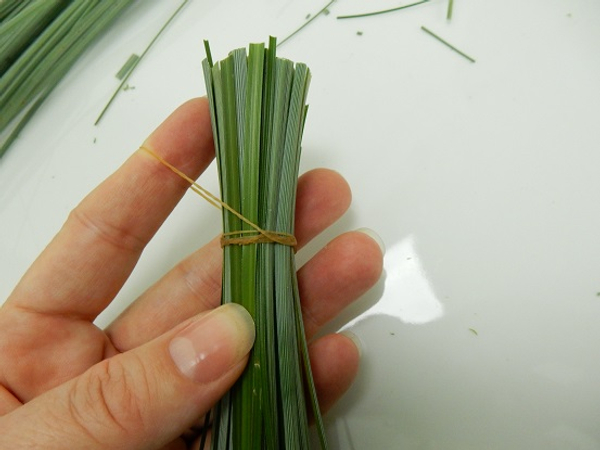 Wrap an elastic band around the grass to keep it together