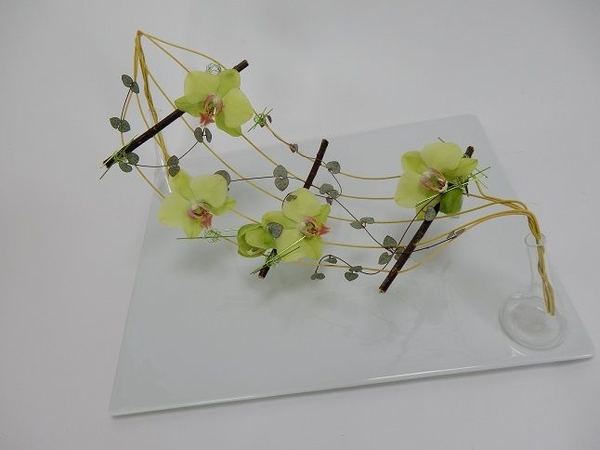 Balance the orchids and vine between two small glass vases. Balance the orchids and vine between two small glass vases.
