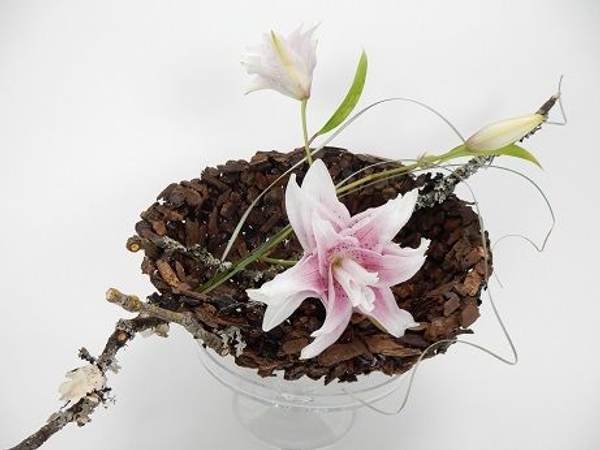 Bark Bowl Centrepiece with rose lilies Bark Bowl Centrepiece with rose lilies