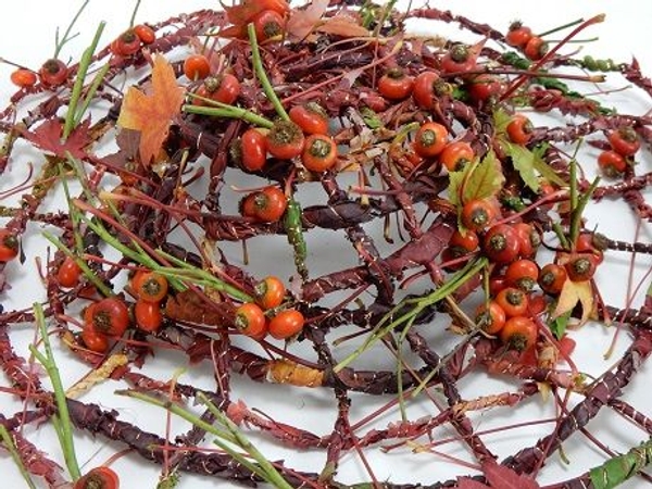 Weaving a hat with an autumn leaf and rose hip garland Weaving a hat with an autumn leaf and rose hip garland