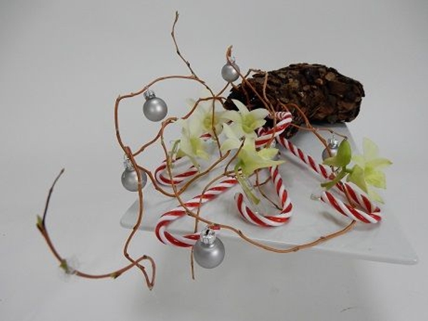 Bark Christmas stocking with baubles and candy canes Bark Christmas stocking with baubles and candy canes