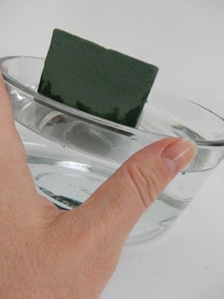 Fill a container with water and rest the floral foam on the water to soak. Fill a container with water and rest the floral foam on the water to soak.