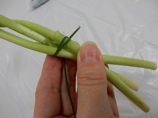 Latch the stems together with a thin blade of grass Latch the stems together with a thin blade of grass