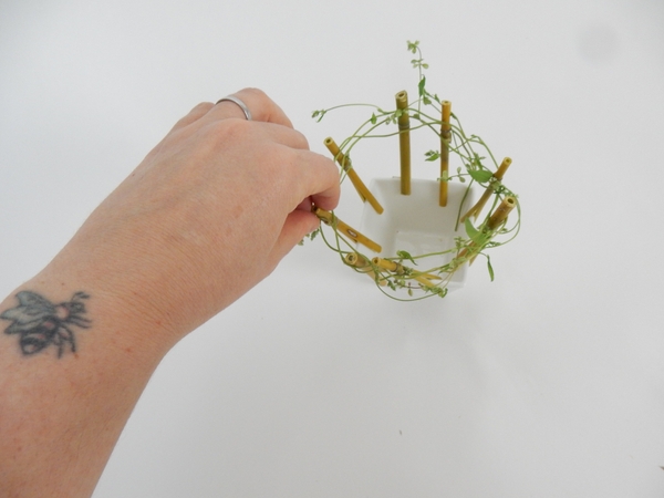 Continue to weave the vine through the bamboo and set the end of the stem in the container Continue to weave the vine through the bamboo and set the end of the stem in the container