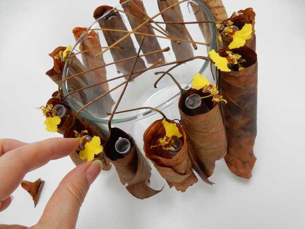Fill with water and add the tiny oncidium orchids Fill with water and add the tiny oncidium orchids