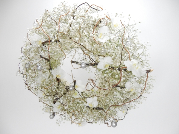 Gypsophila, Phalaenopsis, twigs and bauble wreath Gypsophila, Phalaenopsis, twigs and bauble wreath