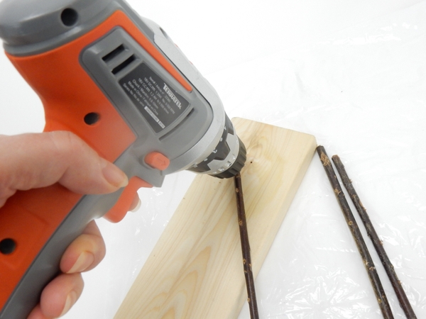 Drill five holes in three twigs Drill five holes in three twigs
