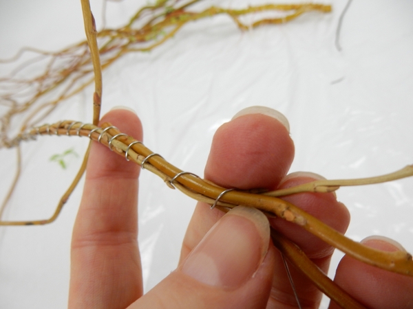 Tuck the end of each willow tip back into the garland and continue to wrap it with wire Tuck the end of each willow tip back into the garland and continue to wrap it with wire