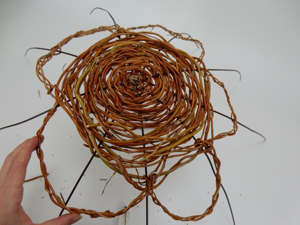 Plait three willow stems around the woven spiral to look like flower petals Plait three willow stems around the woven spiral to look like flower petals