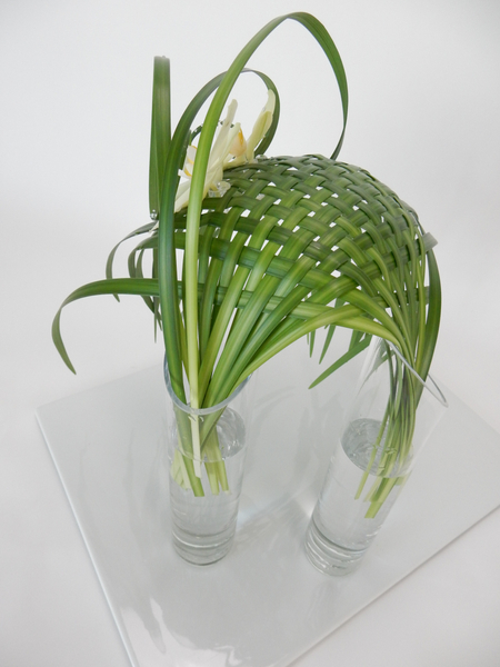 Phalaenopsis orchids on a woven lily grass structure in two glass vases
