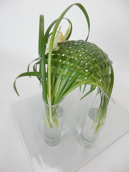 Phalaenopsis orchids on a woven lily grass structure in two glass vases Phalaenopsis orchids on a woven lily grass structure in two glass vases
