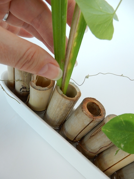 Keep the pieces in place by sliding it into any split parts of the bamboo Keep the pieces in place by sliding it into any split parts of the bamboo
