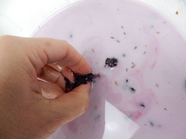 Break up some blueberries into a mixture of wood glue and warm water Break up some blueberries into a mixture of wood glue and warm water