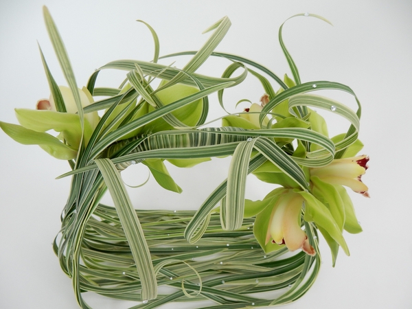 Cymbidium orchids on the basket handle Cymbidium orchids on the basket handle