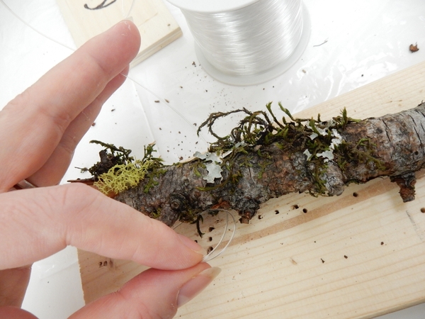 Drill holes into the moss covered sticks and thread the line through. Drill holes into the moss covered sticks and thread the line through.