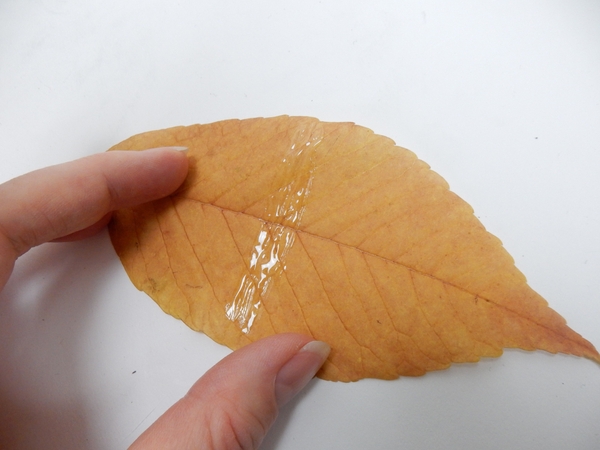 Place a line of floral glue on the leaf Place a line of floral glue on the leaf