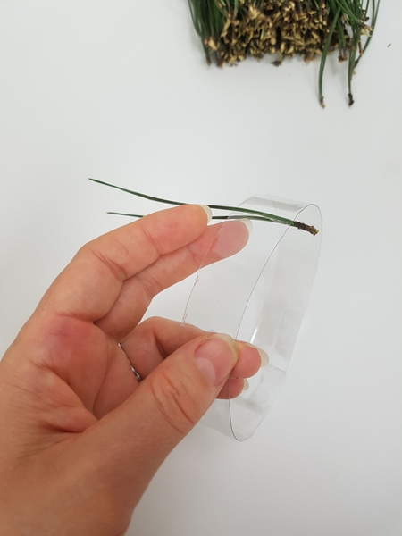 Split a pine needle and glue it to both the inside and outside of the ring Split a pine needle and glue it to both the inside and outside of the ring