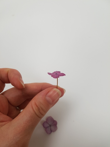 Glue hydrangea florets onto thin twigs to create a stem. Glue hydrangea florets onto thin twigs to create a stem.