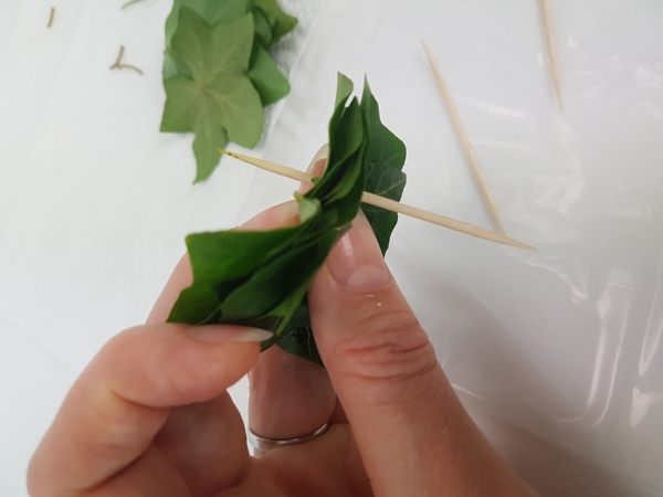 Pierce the leaves with the bamboo skewer. The idea is to pierce the leaves in a triangle. Pierce the leaves with the bamboo skewer. The idea is to pierce the leaves in a triangle.