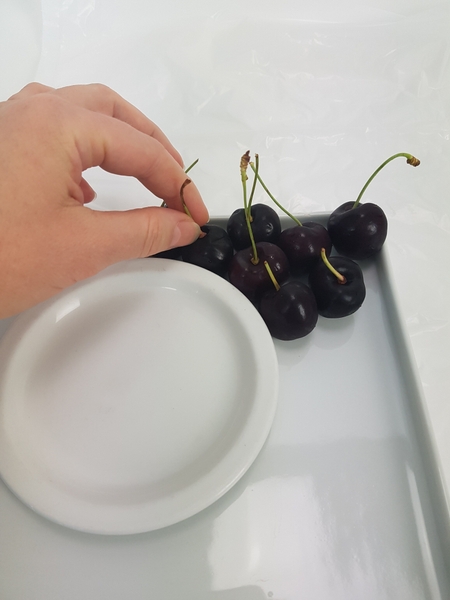 Place cherries all around the plate, stems facing up. Place cherries all around the plate, stems facing up.