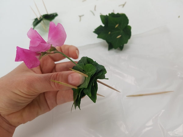 Replace the skewer with a long stemmed sweet pea flower, stem or pod. Replace the skewer with a long stemmed sweet pea flower, stem or pod.