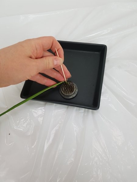 Hook the leaf through the teeth of the Kenzan and adjust with a bamboo skewer if you need to. Hook the leaf through the teeth of the Kenzan and adjust with a bamboo skewer if you need to.