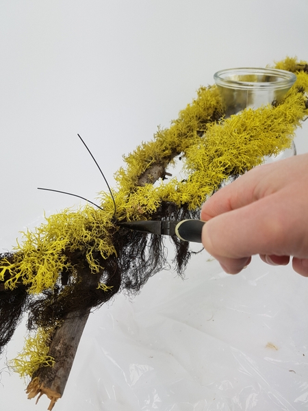 Place the two lichen covered branches to overlap around the neck of a curvy vase Place the two lichen covered branches to overlap around the neck of a curvy vase
