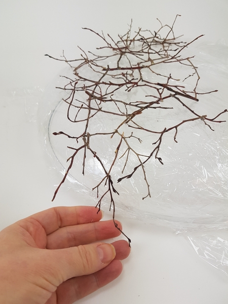 At the edge of the container glue in end pieces of the twigs At the edge of the container glue in end pieces of the twigs