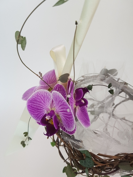 Bridal basket flower arrangement.