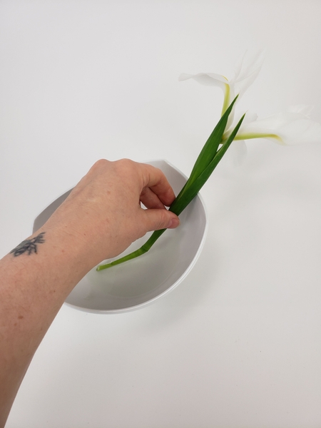 Add a bit of water to the first bowl and set the flower at an angle to rest in the water Add a bit of water to the first bowl and set the flower at an angle to rest in the water
