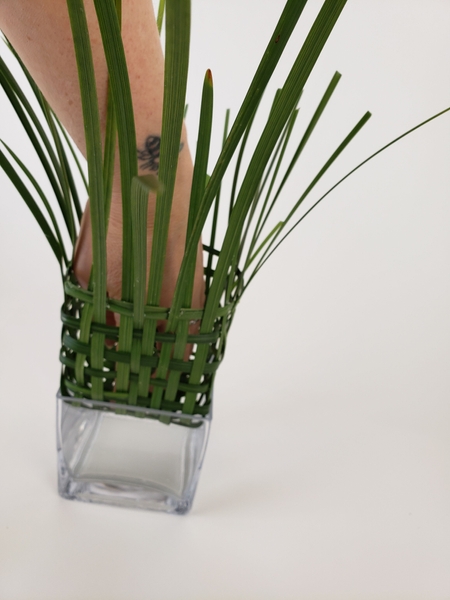 Set the grass into the larger glass container Set the grass into the larger glass container