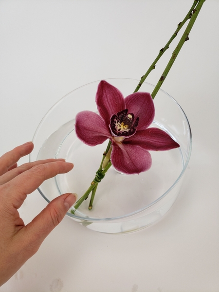Set the flower and the twigs in the leaning lid Set the flower and the twigs in the leaning lid
