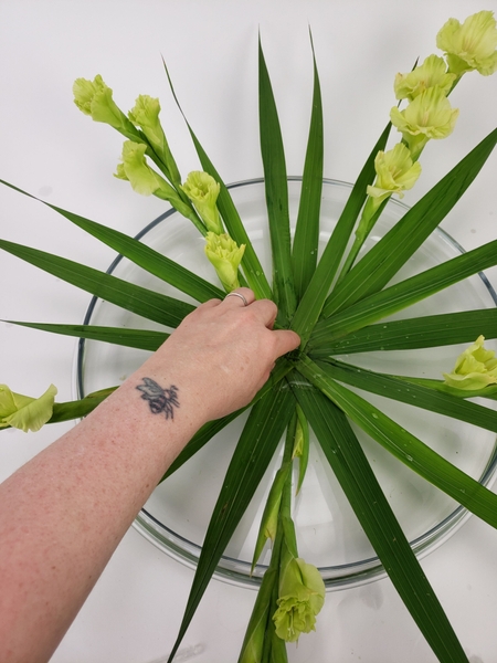 Press gladiolus foliage into the Kenzan all the way around the design Press gladiolus foliage into the Kenzan all the way around the design