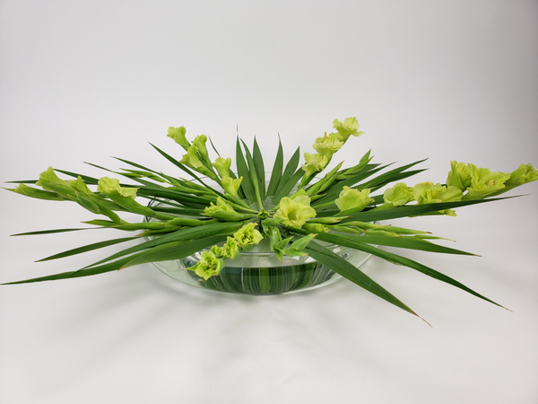 Using a Kenzan to place Gladiolus flower spikes in a vase