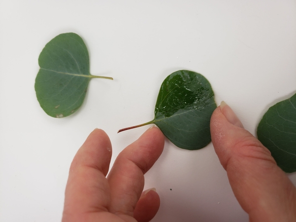 Cover the first leaf half in floral glue Cover the first leaf half in floral glue