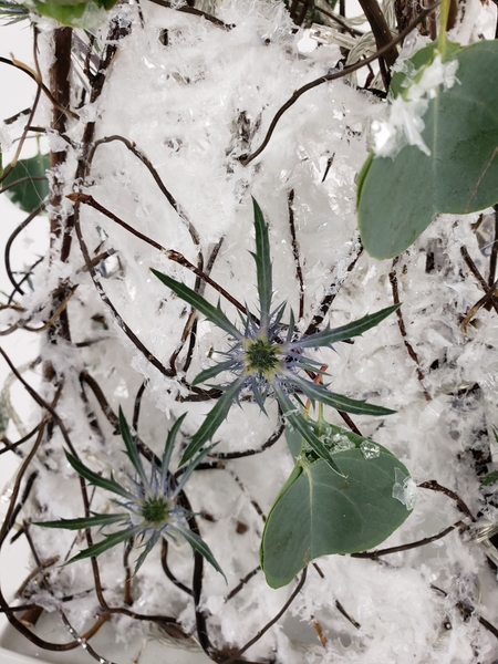 Eryngium snowflakes on a handmade natural Christmas tree Eryngium snowflakes on a handmade natural Christmas tree